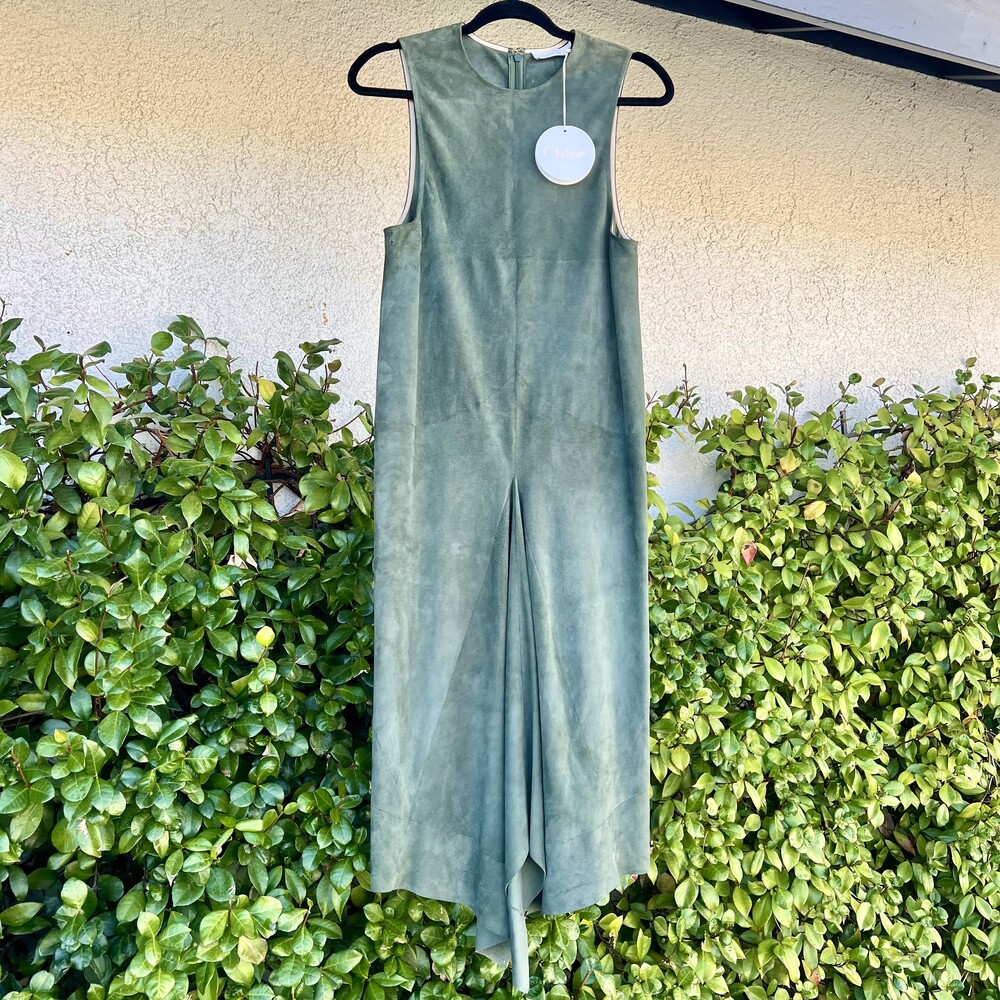 CHLOÉ Suede Leather Midi Dress Stormy Green Size 34 US 2 Small NWT defect $4590 - Picture 9 of 10